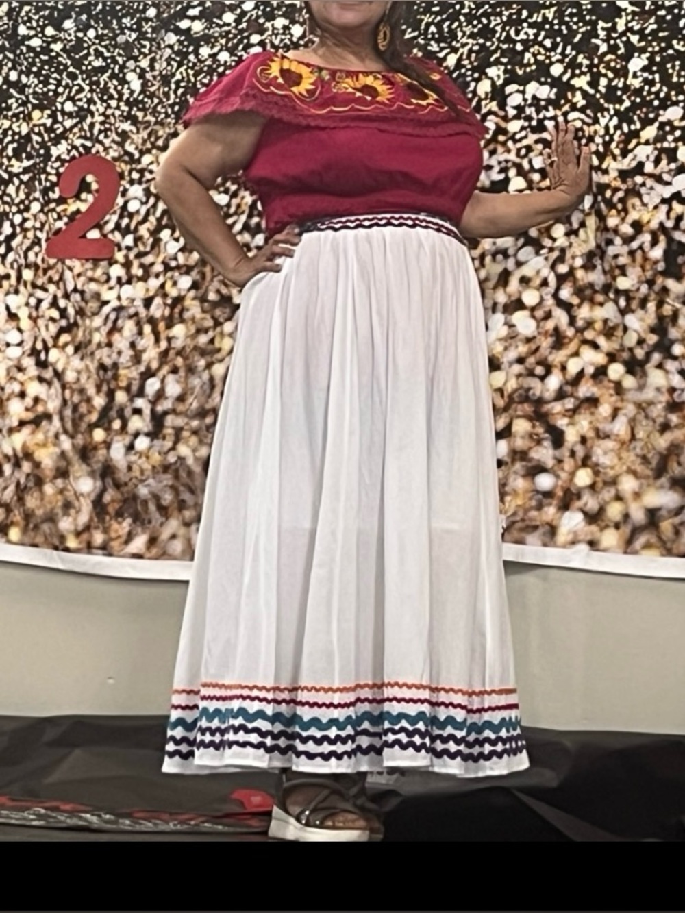 White Maxi Skirt with Multicolor Wave Trim